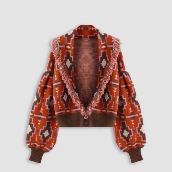 Boho sweater with tassles | Southwestern aztec print cardigan - Picture 2 of 6